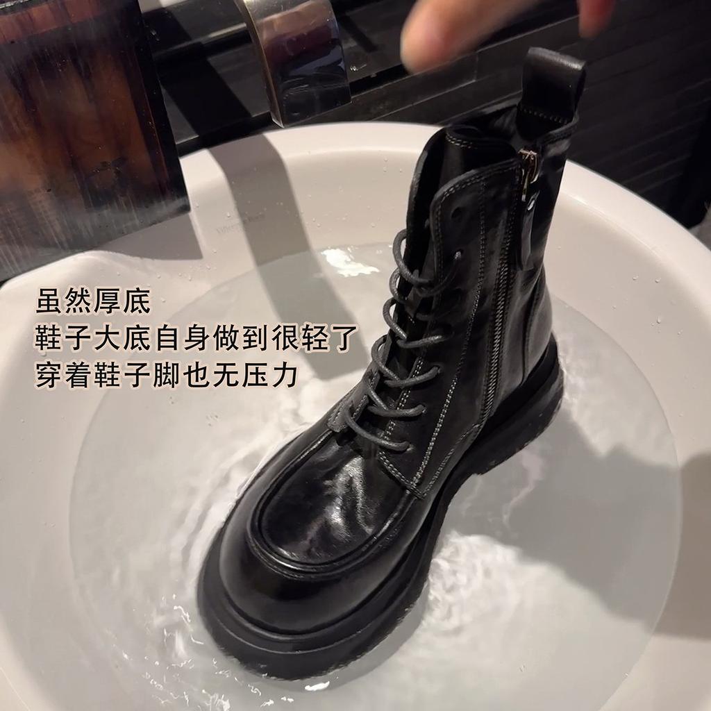 Cowhide Version~ Grape Mother Shrink-grain Horse Leather Boots Heightened Thick Heel Thick Sole Lace-up Side Zipper Martin Boots Women's Short Boots