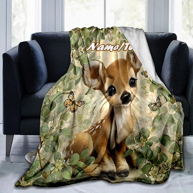 1PC Custom Name Baby Deer Nature Outdooor Flannel Blankets Throw Blanket All-Season Throw Gift Bedspread for Couch, Bed, Camping Holiday Birthday Gift