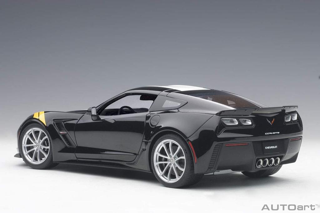 AUTOart Scale Chevrolet Corvette C7 Grand Sport Black with White Stripes and Yellow Hash Marks 1/18