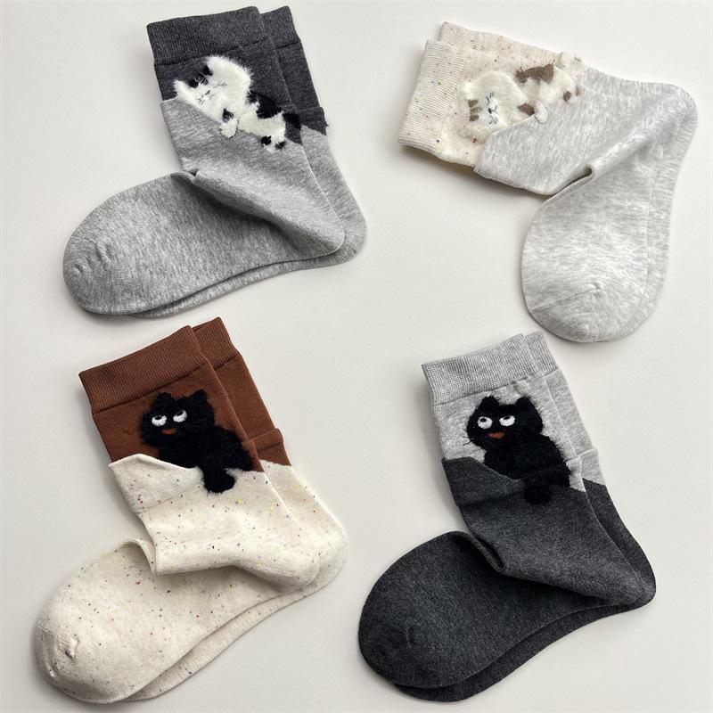 4 Pairs Cartoon Cute Cat Cotton Socks Women Girls Middle Tube Sleep Floor Socks