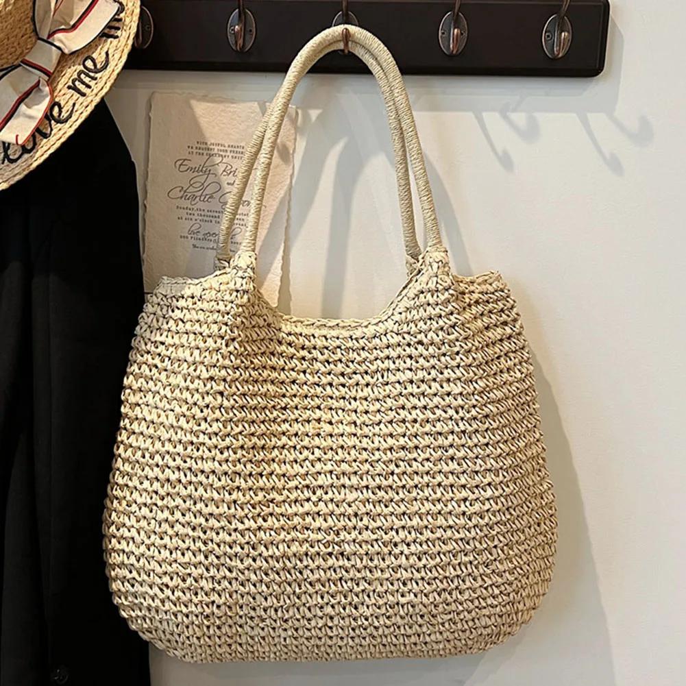 Women Straw Tote Handbag Large Capacity Vintage Shoulder Bag Solid Color Crochet Beach Handbag Ladies Summer Daily Bag