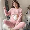 Winter Flannel Soft Warm Women's Pajamas Round Neck Long Sleeve Women Two Piece Set Cute Printing Pajama Suit Women
