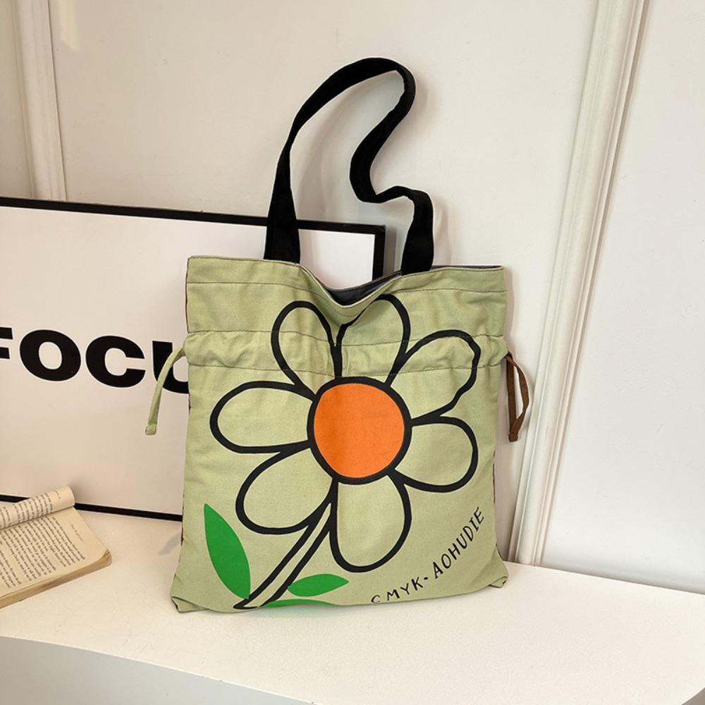 

Korean Style Flower Shoulder Bag Fashion Cloth Tote Bag Vintage Printed Handbag Shopping Bag зелёный