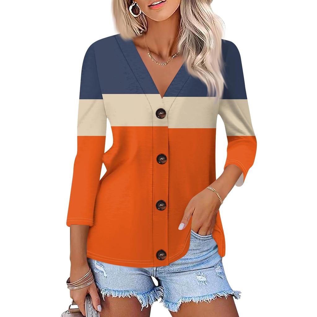 Moda Feminina Casual Camisa Listrada com Estampa Geométrica Abotoada Top Cardigan de Manga Três Quartos