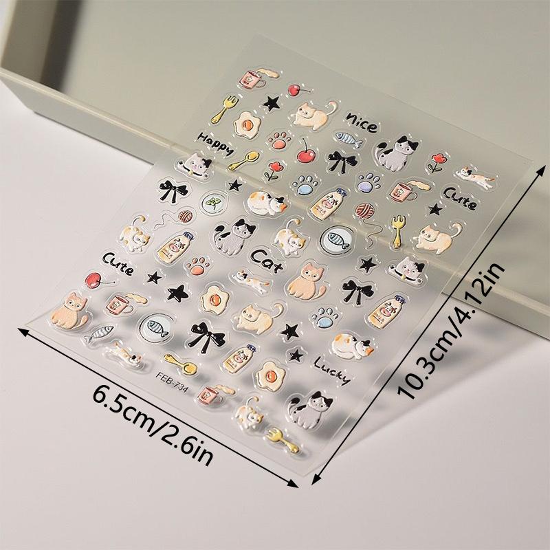 5D Embossed Cute Cartoon Cat Paw Fish Design Nail Art Sticker Decals Self Adhesive Supplies For Women And Girls