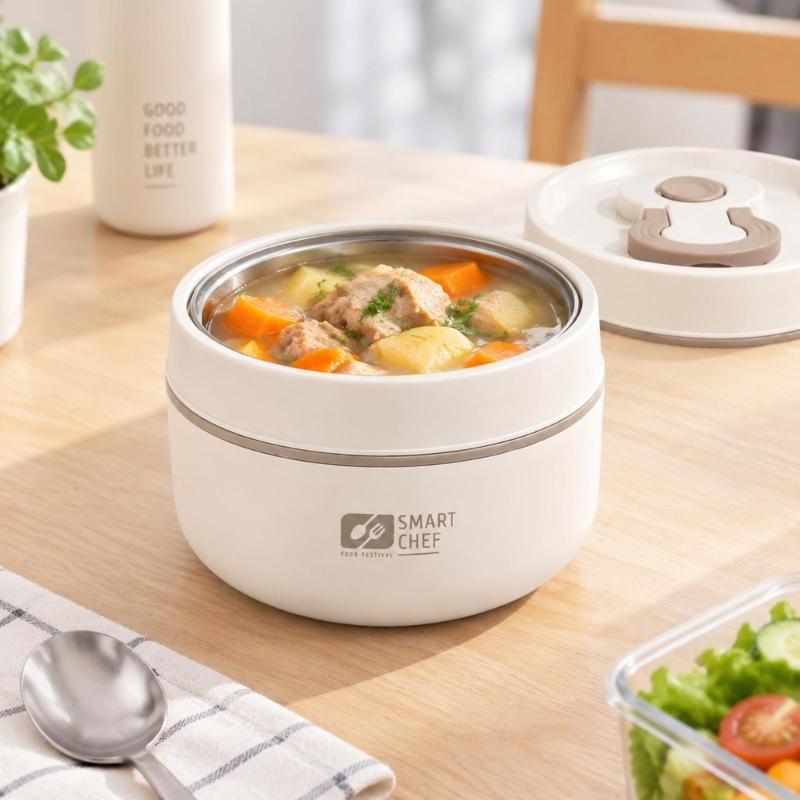 Portable Soup Container with Silicone Sealing Rings, Buckle Lid, and Fold-Down Handle, Leak Proof Hot Food Jar for Outdoor Picnics, Camping, School