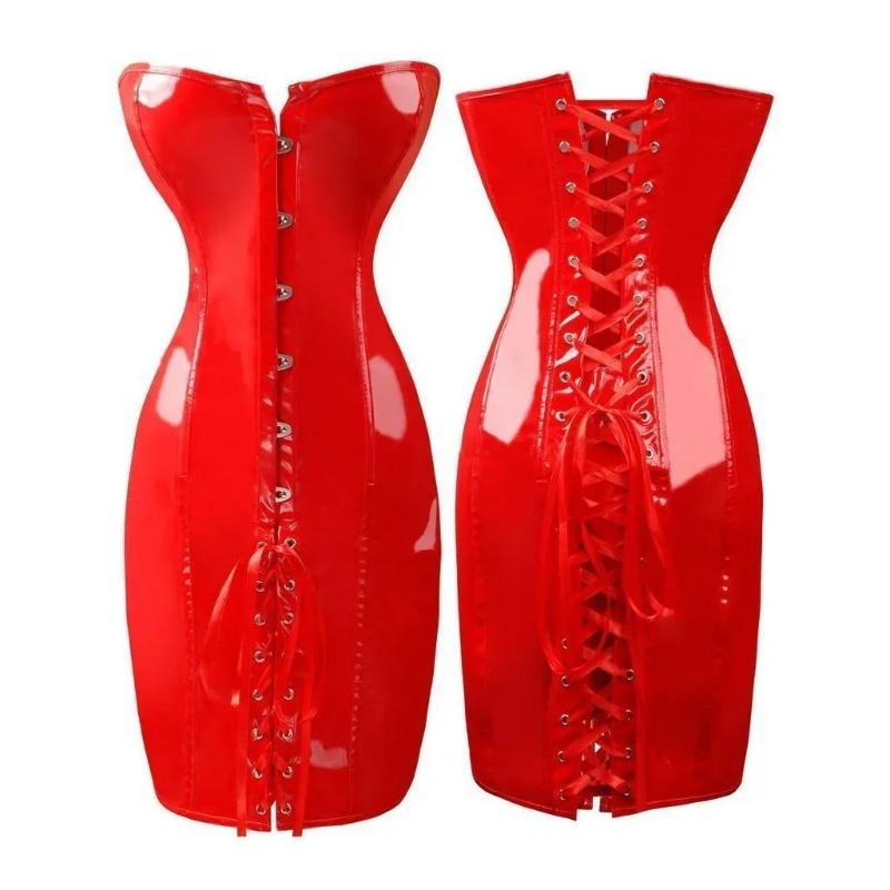 Dámské Steampunk PVC Korzetové Šaty PU Kůže Overbust Bustier Pas Trenér Noční Klub Bez Ramínek Bodycon Šaty