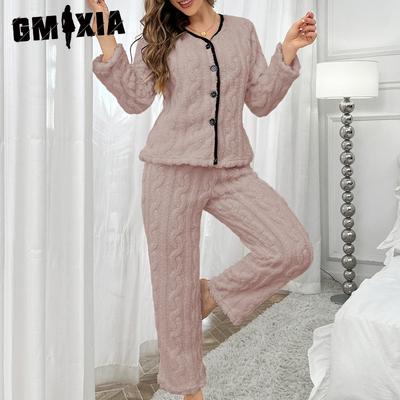 Einfaches Freizeit-Einfarbiges Hausanzug-Pyjama-Set Gestreifter Pyjama Damen Langarm und Hose Kann Draußen Getragen Werden