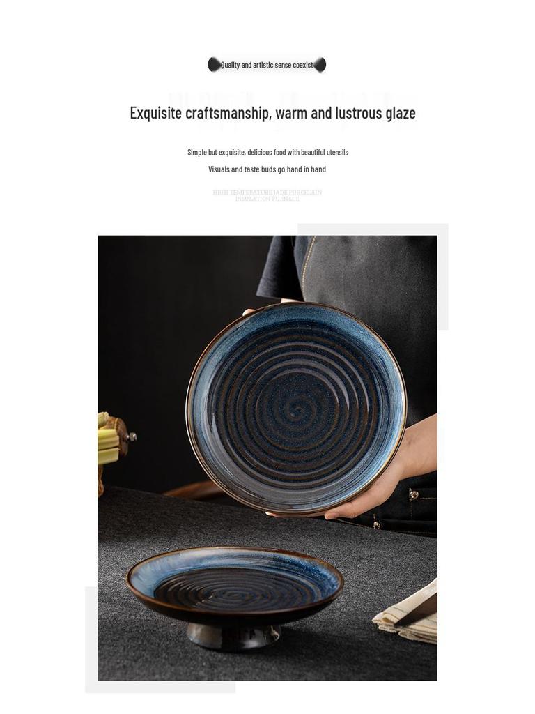 Retro Ceramic Glaze Dessert Plate | High-Foot Nostalgic Tableware for Snacks, Fruit & Pastry