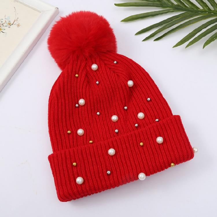 Solid Color Pearl Pompom Wool Hat Knitted Hat Beanie Hat Thicken Stretchable