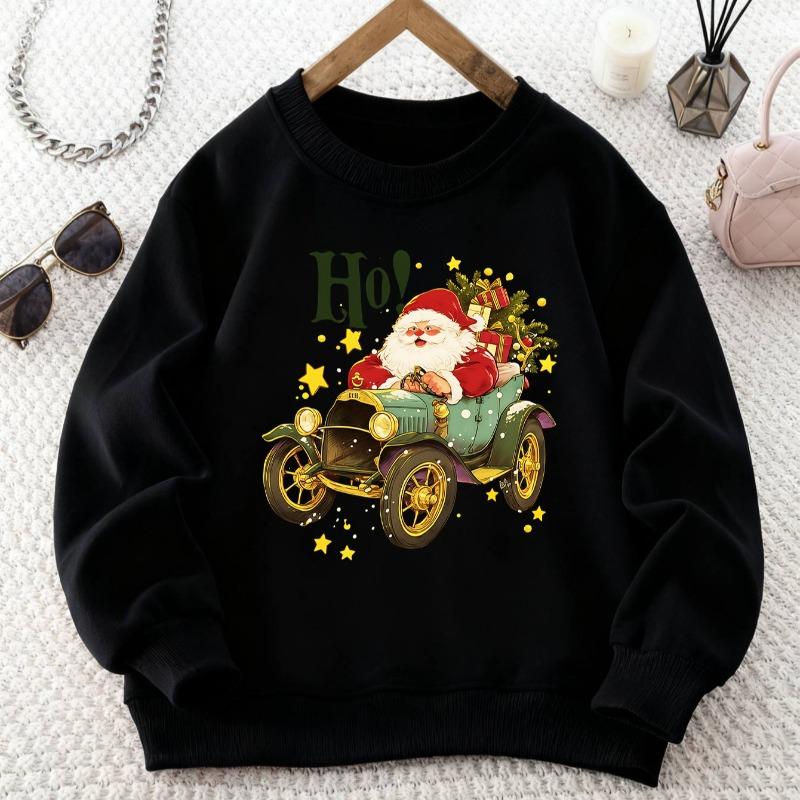 Kids Crewneck Sweatshirt, Santa Claus Driving Vintage Car Print Soft Casual Long Sleeve Top