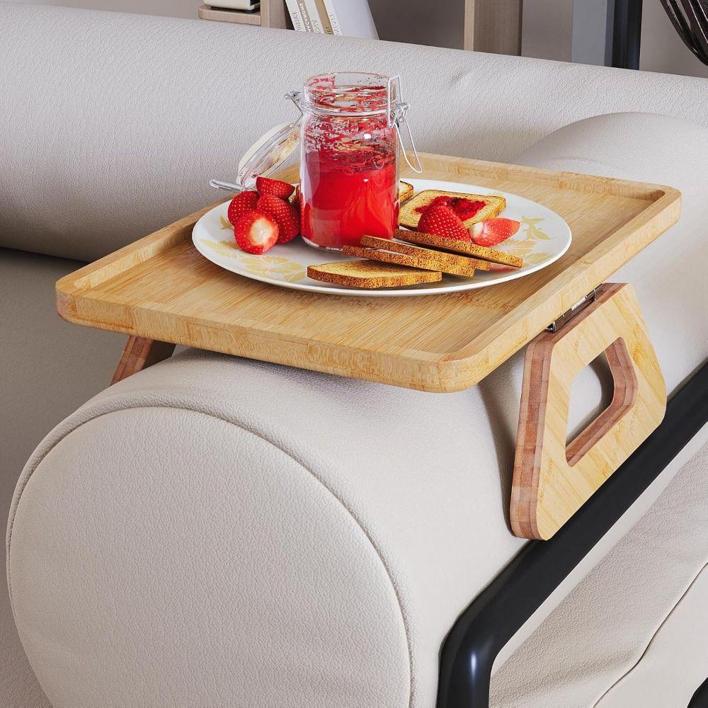 Clip-On Wooden Folding Sofa Table Space Saving Sofa Arm Rest Organizer Snacks