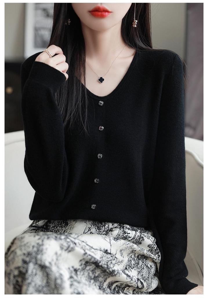 Women's 100% Fine Wool V-neck Loose Cardigan - Single-Breasted Solid Color, Casual Fashion