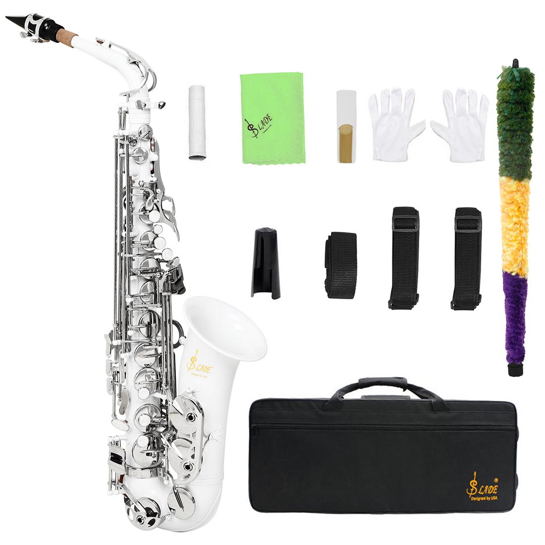 

SLADE Eb Alto Saxophone E Flat Brass Body Sax White Silver Key Saxfone Woodwind Instrument Set with Case Cleaning Cloth Gloves