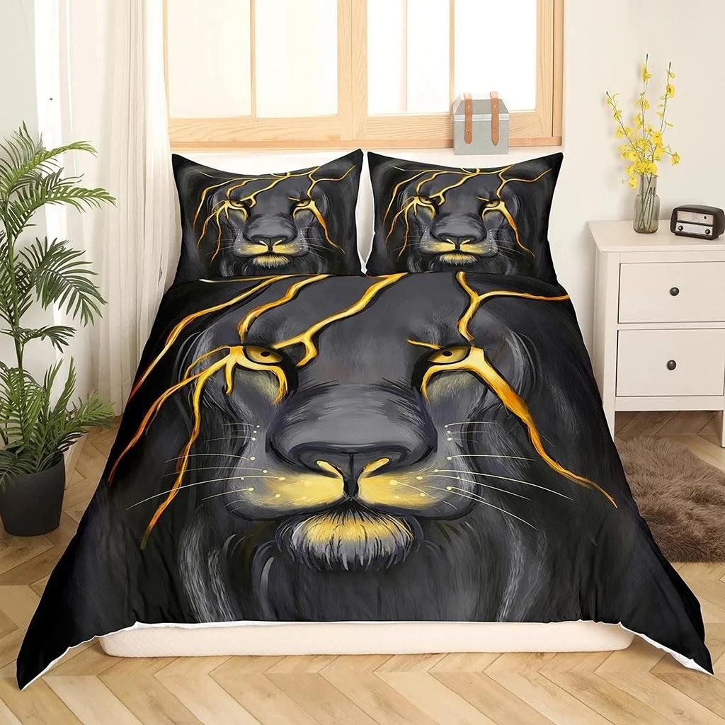 Black Lion Duvet Cover Animal Bed Sheet Pillow 3 Piece Bedding Set Single Double King Queen Full Size