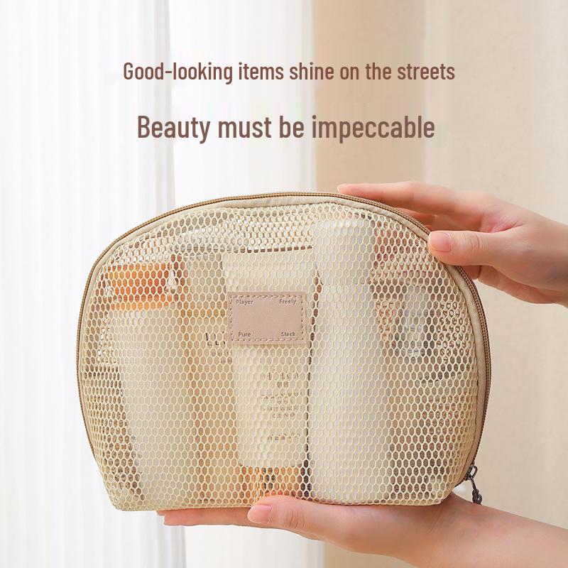 Portable Half-Round Mesh Makeup Bag - Compact Travel Toiletry & Lipstick Organizer