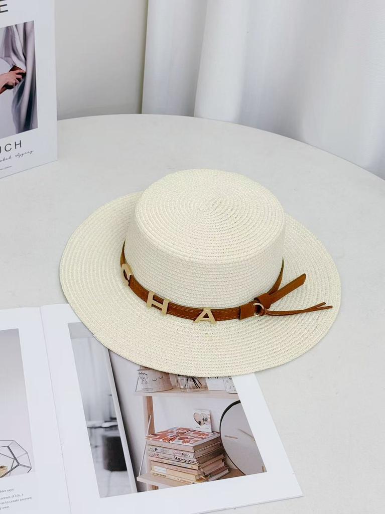 New straw hat women's summer vacation rhinestone letter CHA belt personalized flat top hat British style