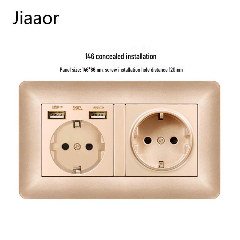 Type 146 Dual USB 16A Two-Gang European Power Socket Panel with German Standard Switch (Concealed)