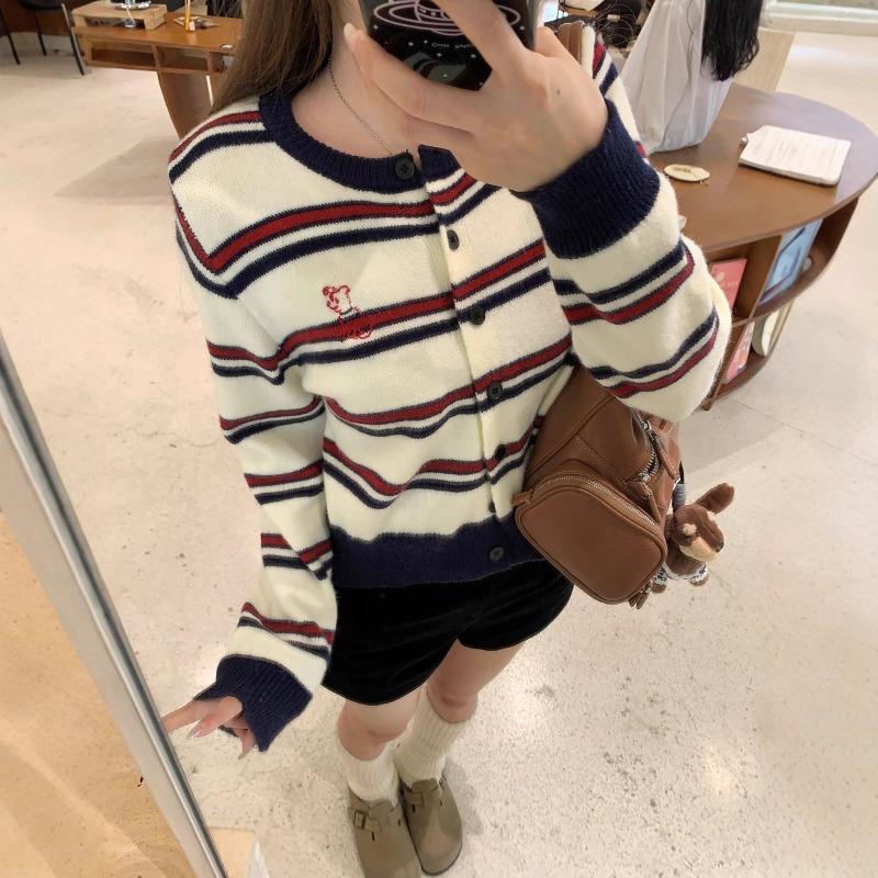 Cute Dog Repair Bottoming Shirt Long-sleeved Striped Knitted Sweater Crew Neck Cardigan Lazy New Women's Top