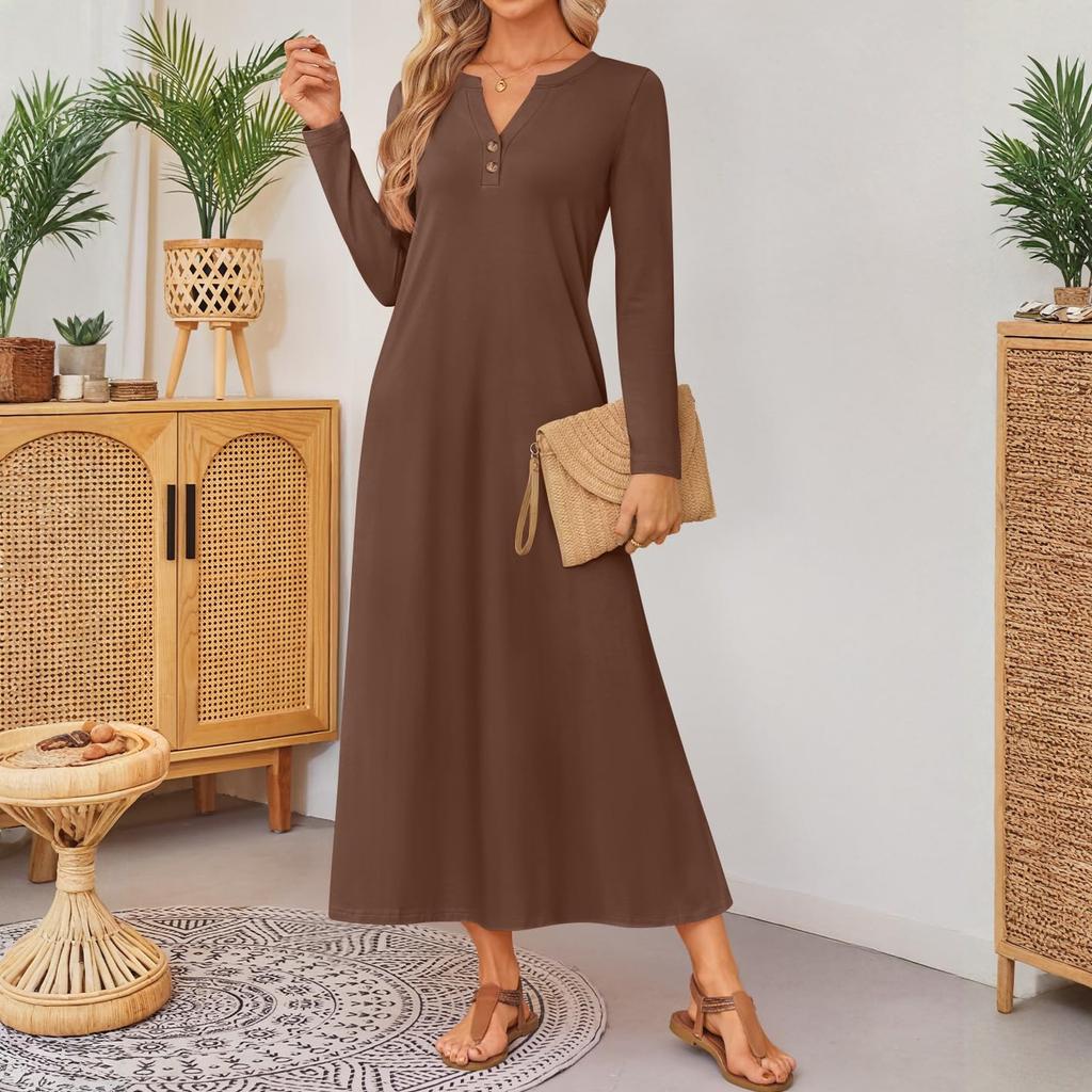 Women Solid-color Long-sleeved Comfortable Loose Dress, Elegant Dress