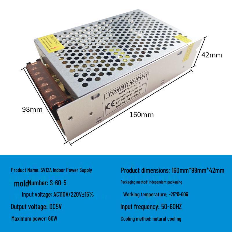 220V To 12V/24V/5V DC Power Supply for LED Strip Lights - 5A/10A/30A, 60W Transformer