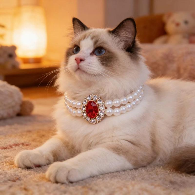 Doppellagige Perlen-Haustierhalskette Strassstein-Edelstein-Dekor Halsband für Katzen Kleine Hunde Foto-Accessoire