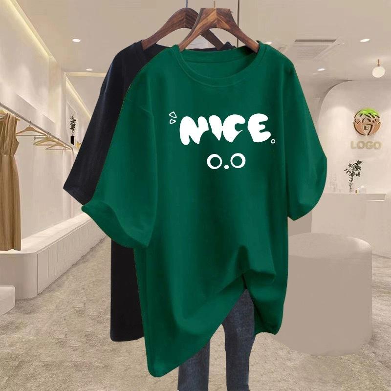 

Large version pure cotton women s short-sleeved t-shirt summer 2025 new loose letter medium and long niche top trendy m XXXL