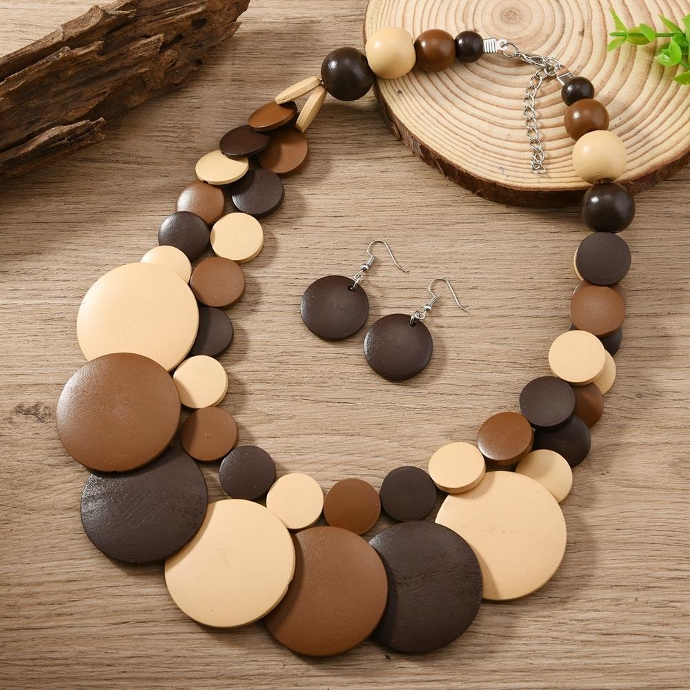 Gioielli Africani Bohemien Colorati Geometrici Rotondi Perline di Legno Collana di Perline Fatta a Mano E Orecchini Accessori da Festa da Donna