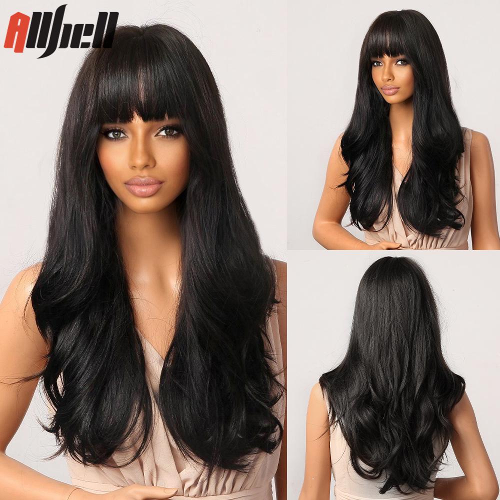 Long Wave Synthetic Wigs With Black Bangs Body Wavy Natural Black Hair Wig Heat Resistant for Women Daily Halloween Cosplay Use