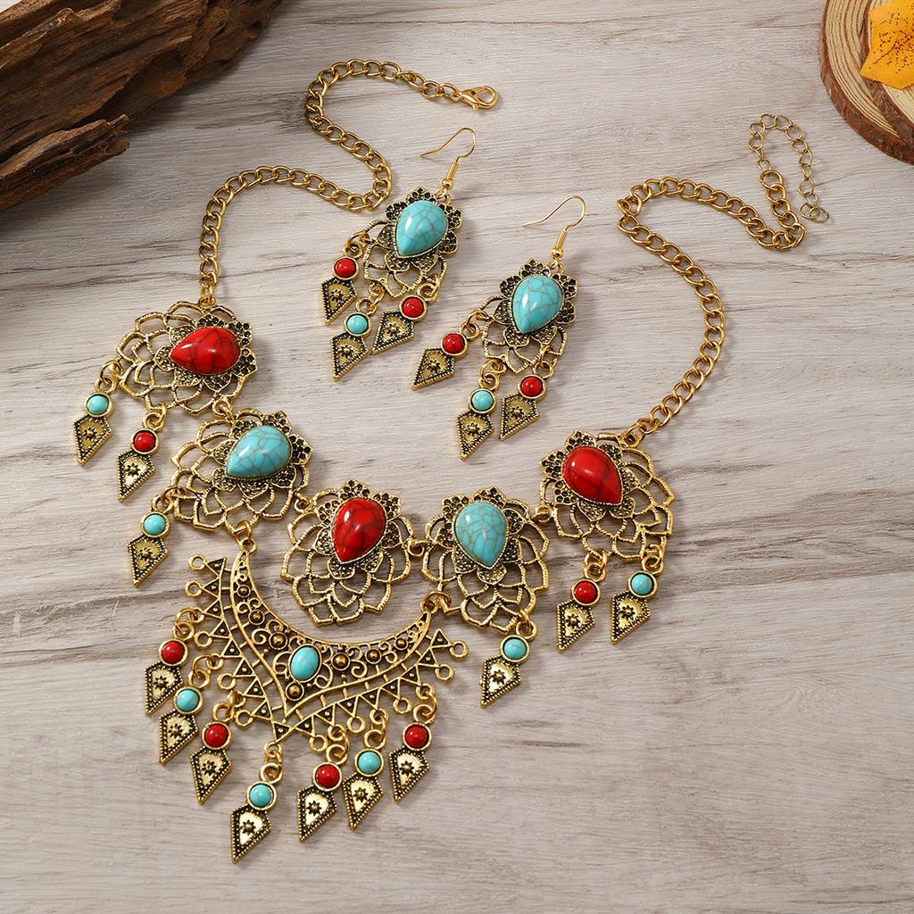 Retro Ethnic Style Carved Turquoise Water Drop Tassel Exaggerated Necklace Earrings Set