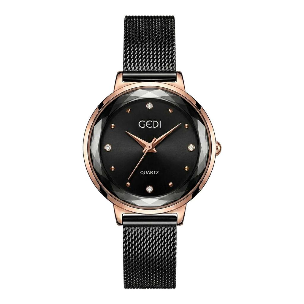 Gedi Elegant Mesh Strap Women's Quartz Watch with Faceted Diamond Markers, Waterproof and Versatile for Everyday Wear.