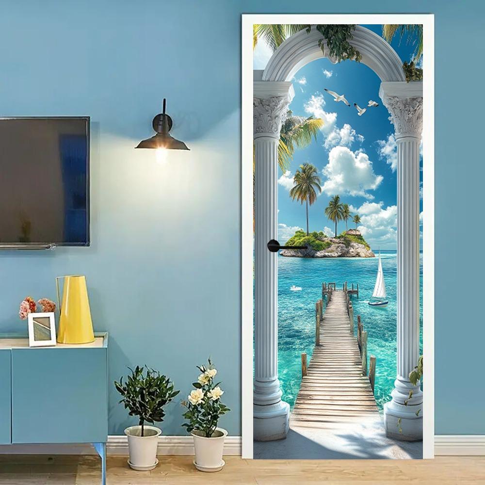 Ruhige tropische Küste, sonnenbeschienen, perfekt für die Schlafzimmerwanddekoration: Selbstklebende PVC-Wandaufkleber im modernen Design und künstlerische Türaufkleber