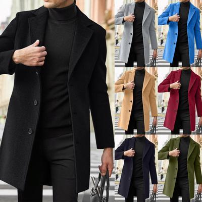 Men's Windbreaker Lapel Long Sleeve Solid Color Single Breasted Coat Men's British Style Medium Length Coat