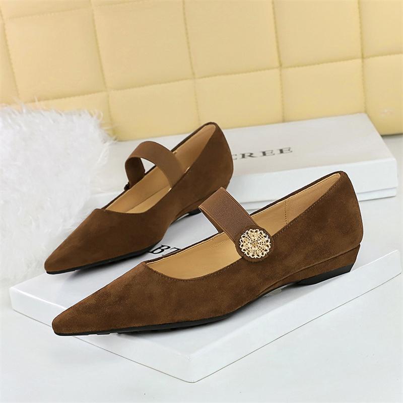 Korean Version Comfortable Low Heel Wedge Versatile Suede Shallow Mouth Metal Decorative Elastic Strap One Strap Single Shoes