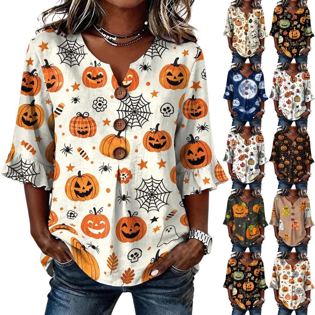 Women's Casual V-Neck Ruffle Sleeve Loose Fit Blouse, Halloween Print Top with All-Over Pattern