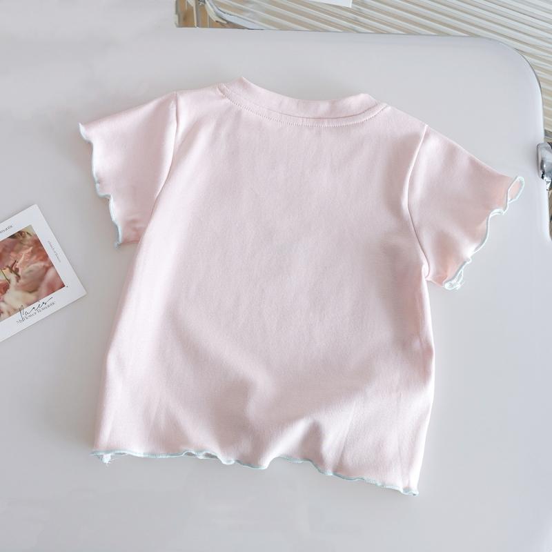 Girls' Bow Embroidered Short Sleeve T-shirt New Summer Children's Round Neck Elastic Slimming Top Baby Pure Cotton Base T-shirt