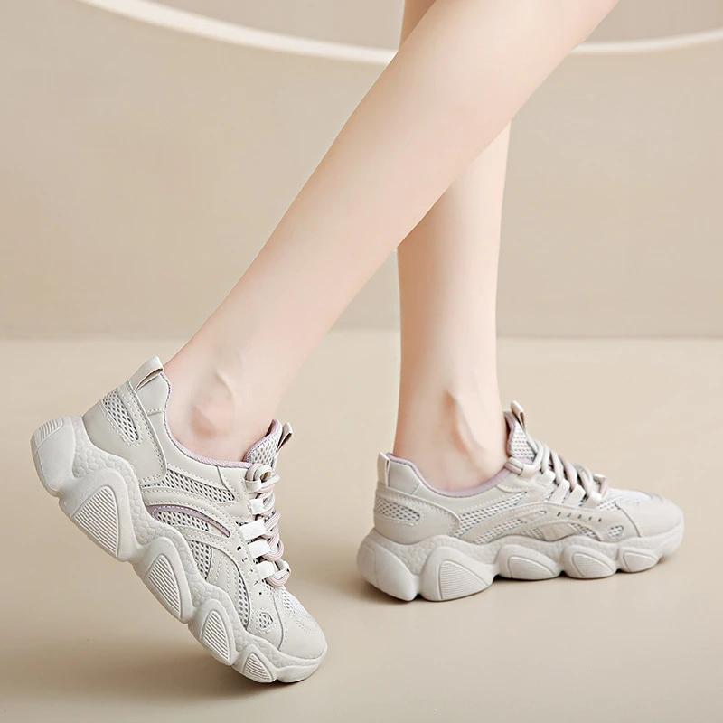 Fashion 2024 New Mesh Lace-up Vulcanized Sneakers Solid Women's Shoes Hot Sale Round Toe Spring/autumn Dad Shoes Low-heeled Sports
