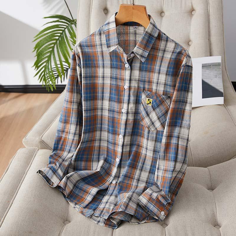 

Клетчатая рубашка женская с длинным рукавом осенняя темпераментная ретро рубашка из чистого хлопка топ рубашка для ношения под низ XL