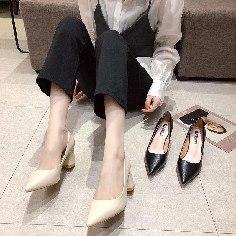 Pointed High Heels 2024 New Fashion  Chunky Heel Shallow Women Shoes Temperament Versatile Work Shoes Red Wedding Shoes pumps