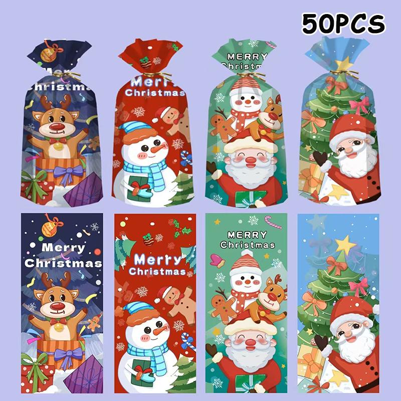 50 Pcs Merry Christmas Cellophane Bags With Twist Ties Xmas Clear Cello Candy Gift Bags New Year'S Eve Christmas Party Decoration