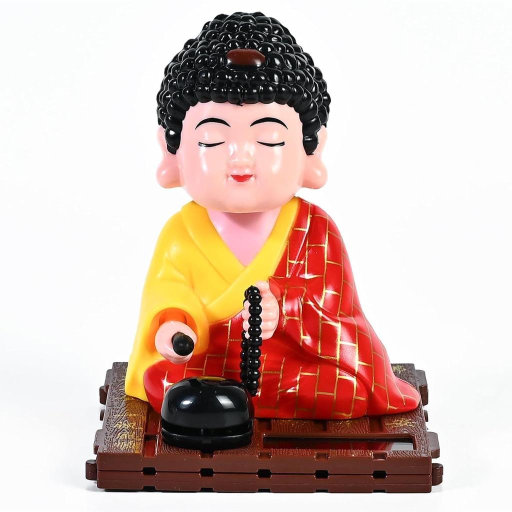 Solar-Powered Moving Head Buddha Monk Statue – Feng Shui Good Fortune Ornament for Car Dashboard, Home and Office