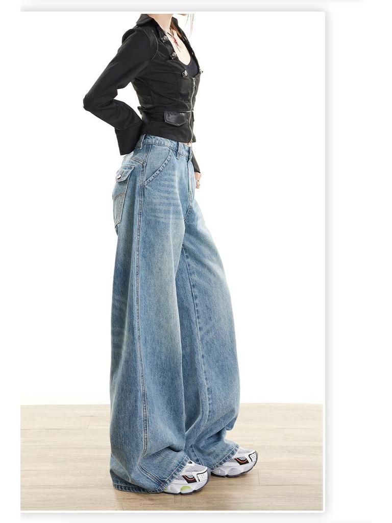 Women's Retro Wide-Leg Jeans: American Design, HK Style, Loose Straight-Leg, Floor-Length