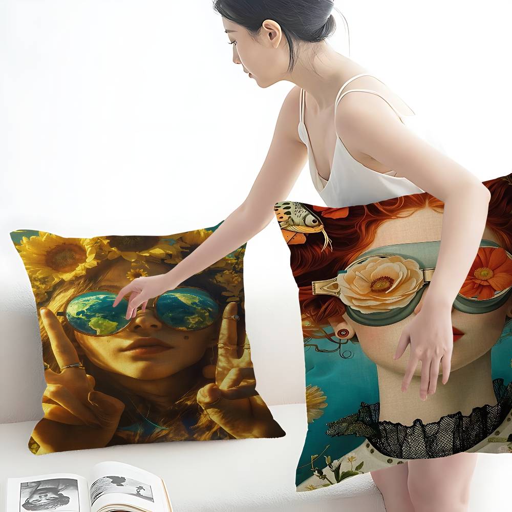 1pc Nordic Boho Fashion Glasses Woman With Flowers Personalized Pillow Dust Cover Bedroom Kids Party Decoration Pillowcase