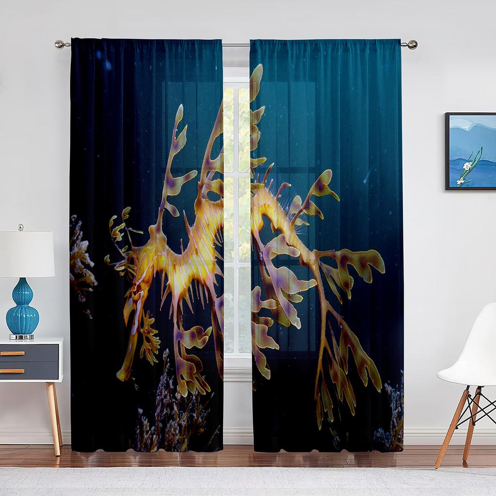 Ocean Seahorse Blue Sheer Voile Curtain Underwater Marine Life Window Tulle Curtains for Living Room Bedroom Kitchen Decoration