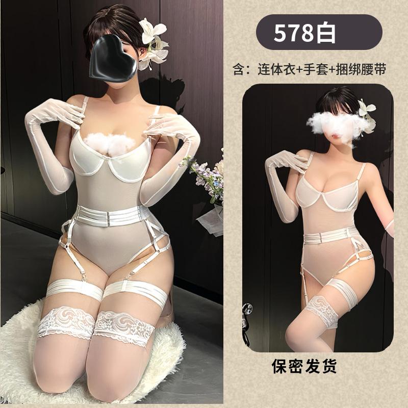 European and American fun purple suit, new steel tray mesh see-through onesie with leg rings, love underwear