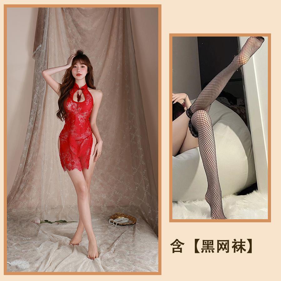 Sexy Underwear Lace Hollow Sexy Cheongsam Temptation Open Fork Perspective Pajamas Slim Bed Set