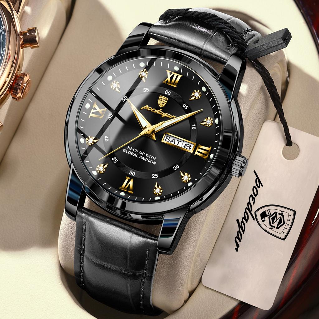 POEDAGAR Luxury Business Male Clock Date Week Waterproof Luminous Gold Wristwatch Casual Fashion Quartz Watches Reloj