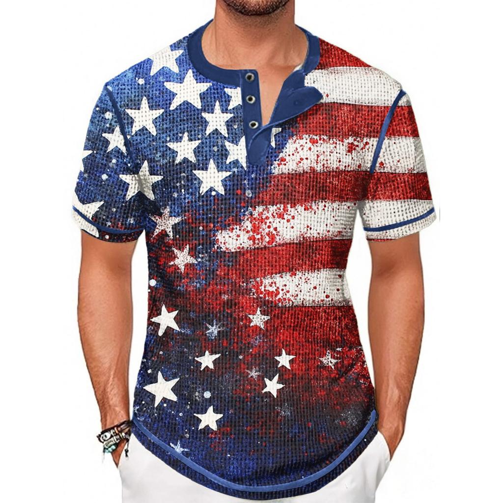 Summer Men's Stand-up Collar Short-sleeved T-shirt With Independence Day Print
