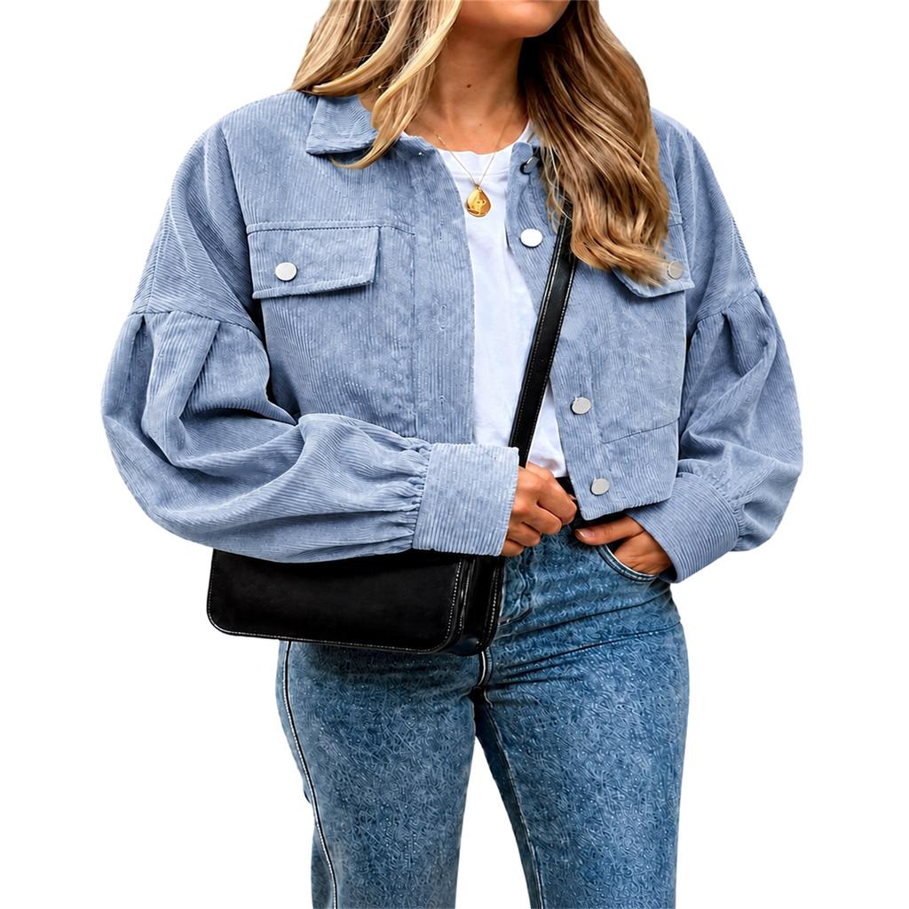 Women's Short Corduroy Jacket with Sleeves, Loose Fit