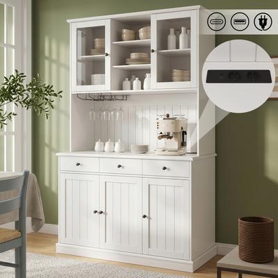 Esszimmer hoher Schrank 120×40×191 cm, mit Glastüren, Gläserhalter, integrierter Steckdose, USB-C und USB-A Anschlüssen, Weiße und Schwarze Griffe